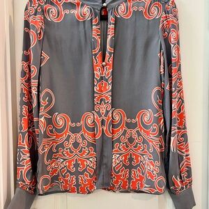 Hale Bob silk Gray and orange Patterned Blouse PTP 19-20 L 25 sized XS